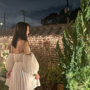 Express off shoulder pleated trapeze cream white dress